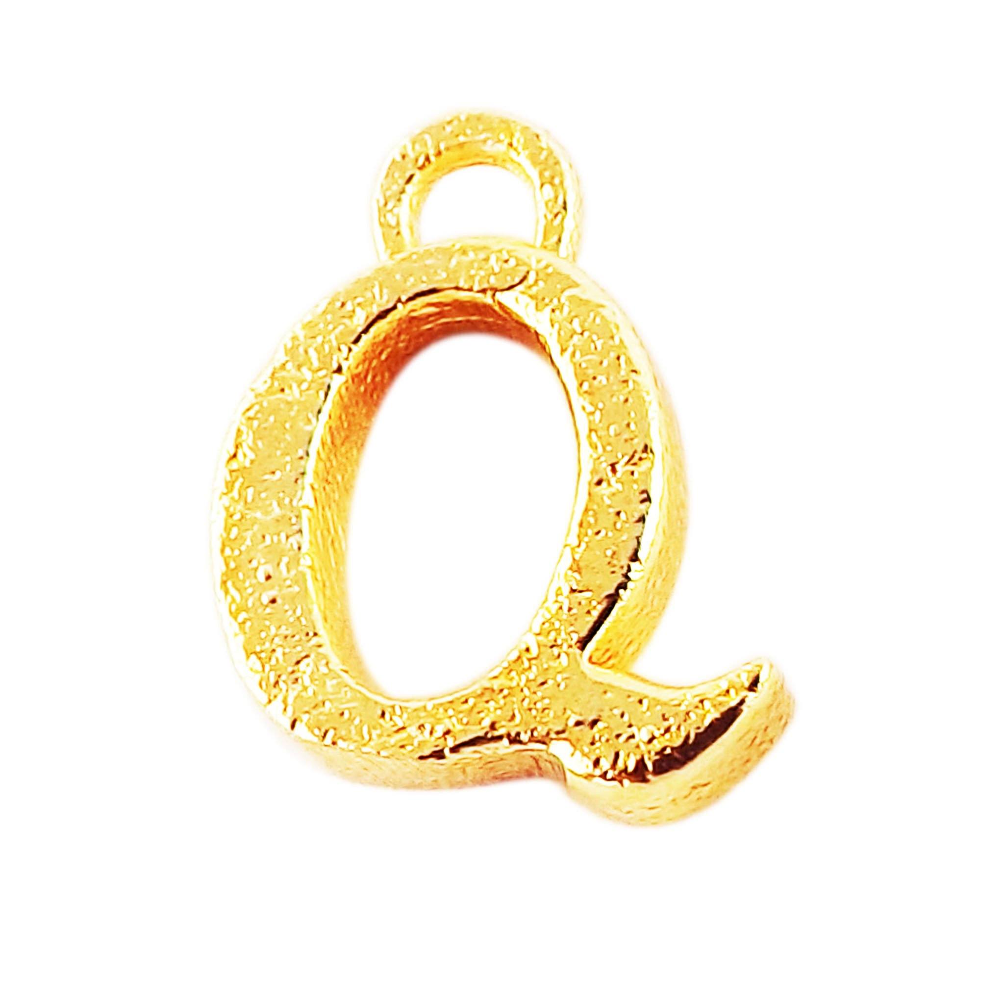 ‘Q’ charm handcrafted in India featuring 18K Gold Overlay Over Copper with elegant textured finish.