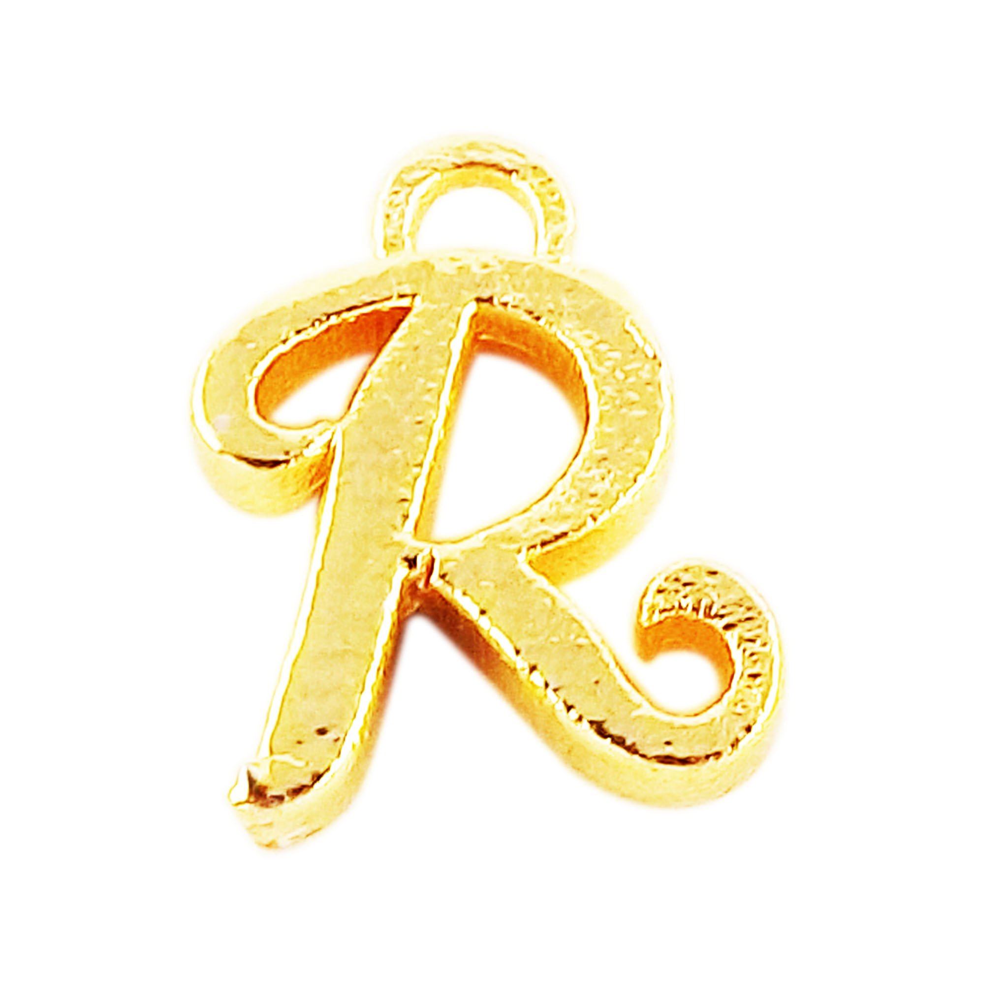 ‘R’ charm handcrafted in India featuring 18K Gold Overlay Over Copper with elegant textured finish.