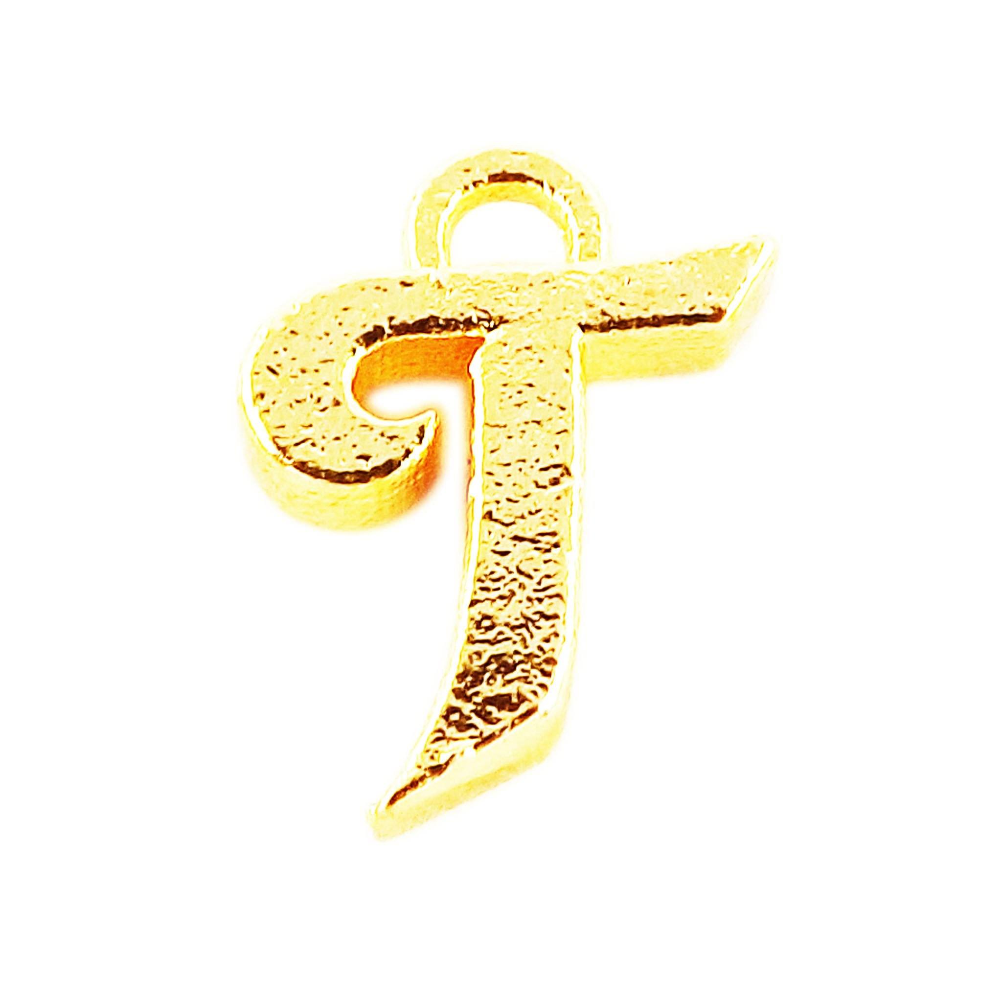 ‘T’ charm handcrafted in India featuring 18K Gold Overlay Over Copper with elegant textured finish.