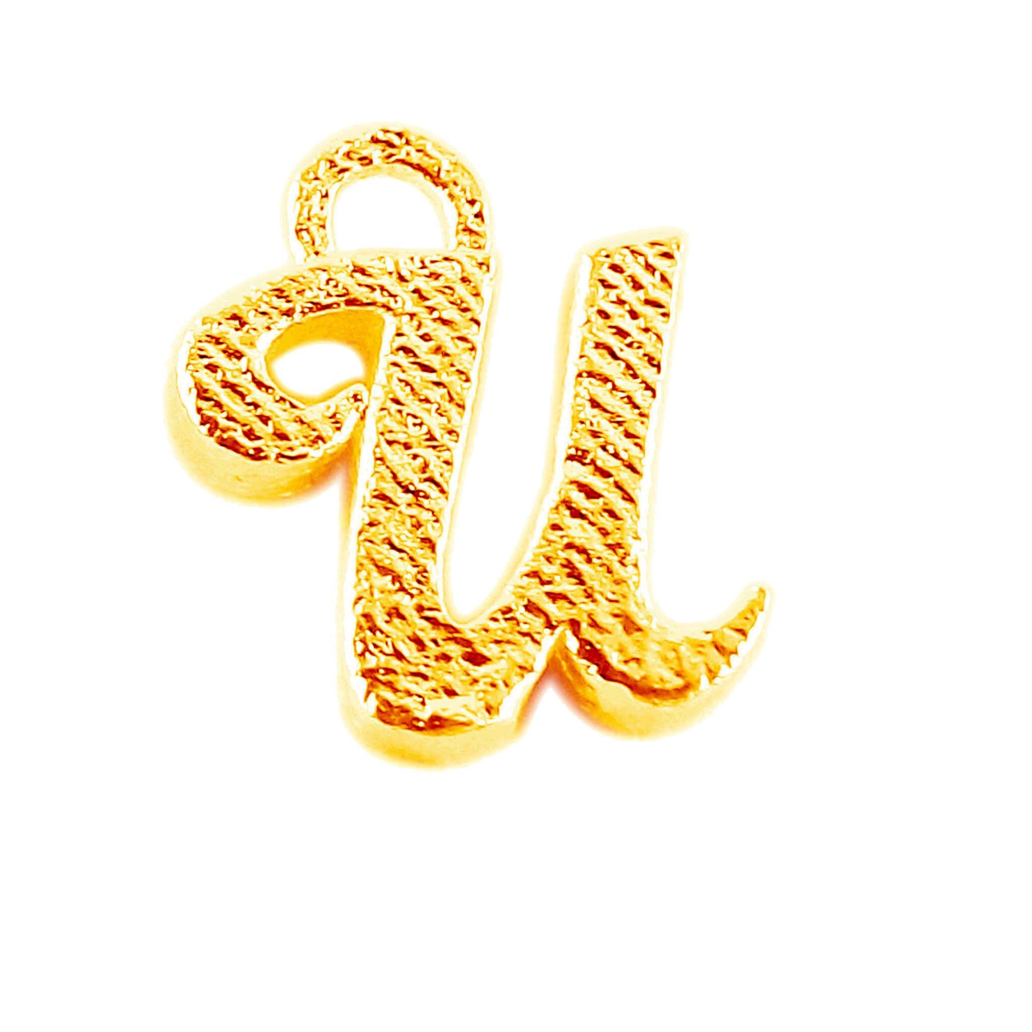 ‘U’ charm handcrafted in India featuring 18K Gold Overlay Over Copper with elegant textured finish.