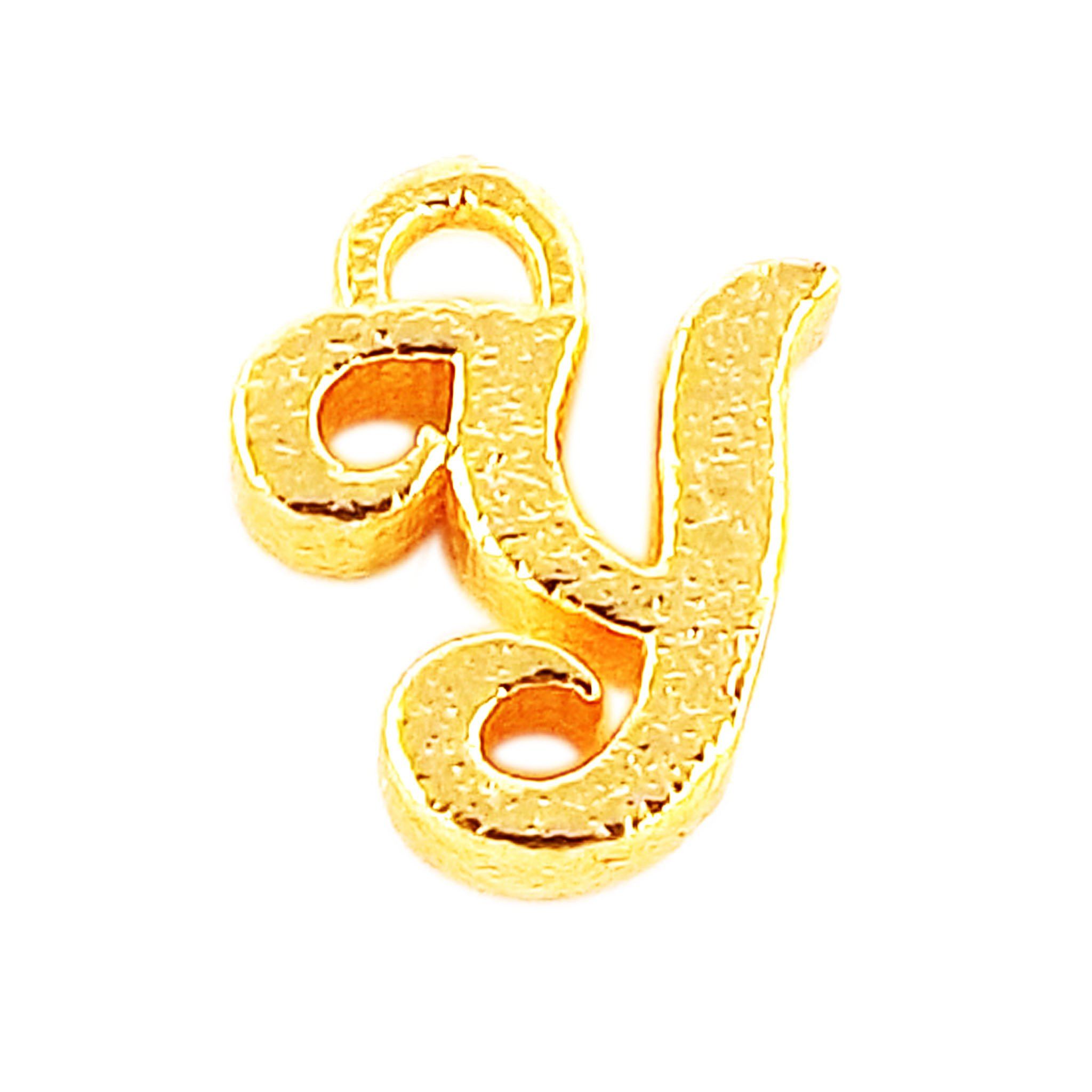 ‘Y’ charm handcrafted in India featuring 18K Gold Overlay Over Copper with elegant textured finish.