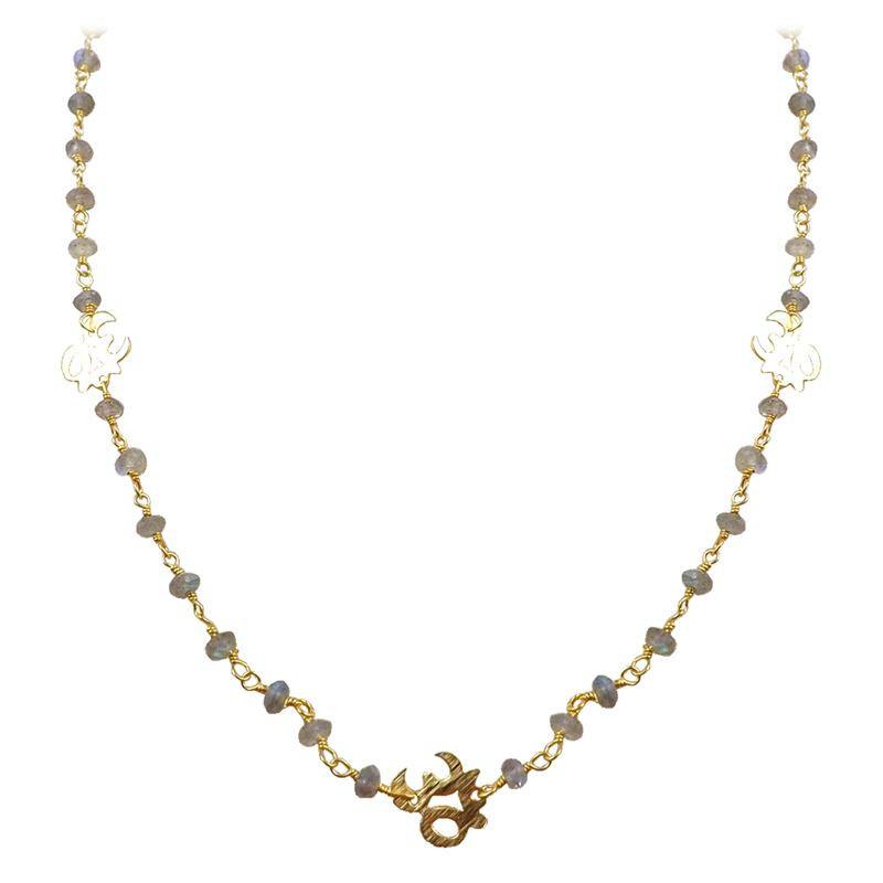 Elegant 18K Gold Overlay Over Copper Labradorite beaded necklace with polished finish, central OM connector, and hook lock for refined everyday styling