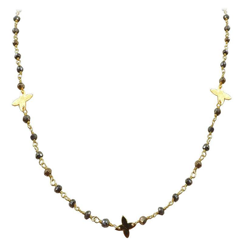 Elegant pyrite beaded necklace with butterfly motif accents and smooth 18K gold overlay over copper for everyday and festive wear