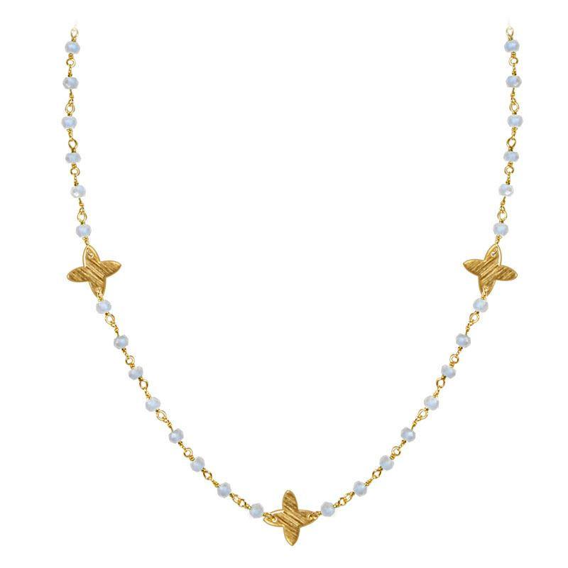 Elegant rainbow moonstone beaded necklace with butterfly motif accents and smooth 18K Gold Overlay Over Copper designed for everyday and festive wear
