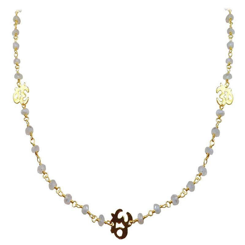 Elegant rainbow moonstone beaded necklace with Om motif accent and smooth 18K Gold Overlay Over Copper designed for everyday and festive wear