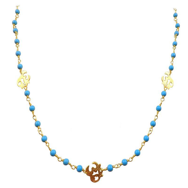 Elegant turquoise shell beaded necklace with Om motif accent and smooth 18K Gold Overlay Over Copper designed for everyday and festive wear