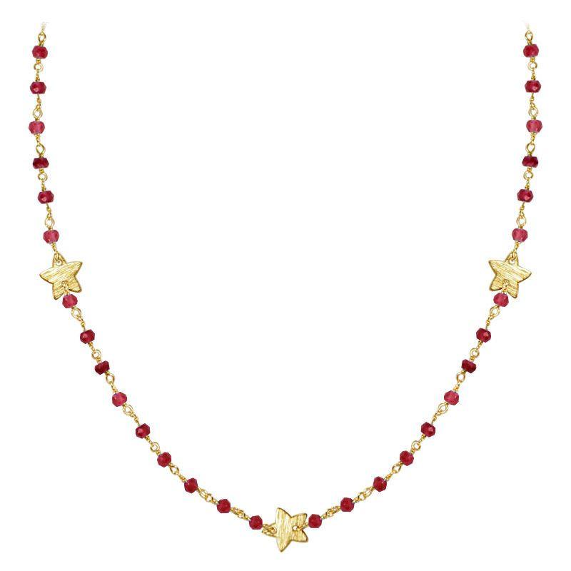 Elegant red garnet beaded necklace with butterfly motif accents and smooth 18K Gold Overlay Over Copper designed for everyday and festive wear
