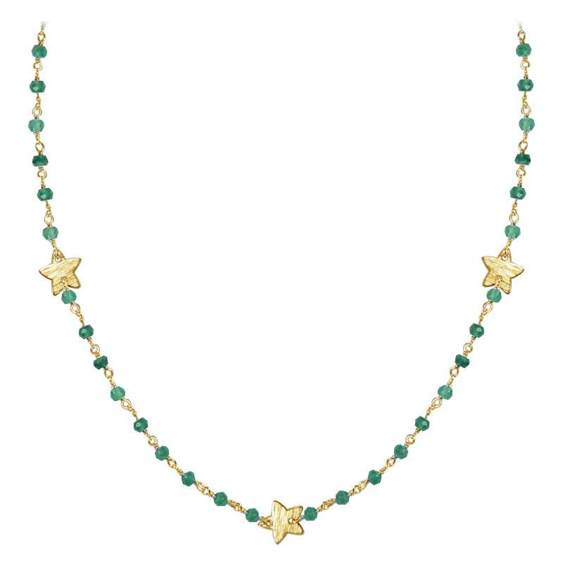 Elegant green onyx beaded necklace with butterfly motif accents and smooth 18K Gold Overlay Over Copper designed for everyday and festive wear