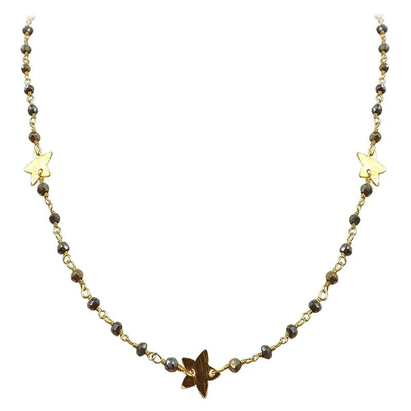 Elegant pyrite beaded necklace with butterfly motif accents and smooth 18K Gold Overlay Over Copper designed for everyday and festive wear