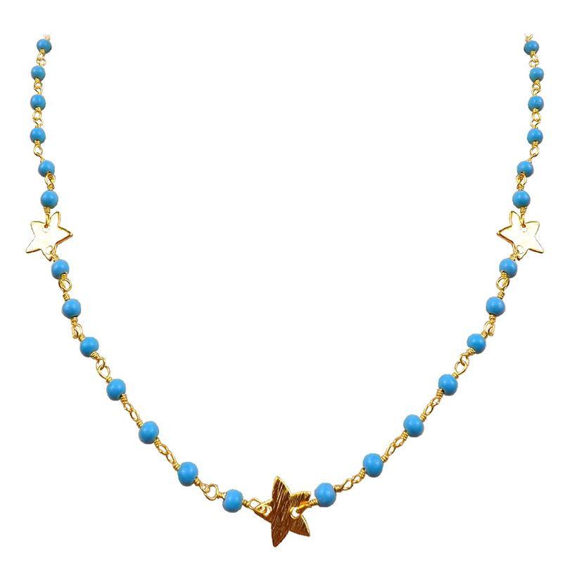 Elegant turquoise shell beaded necklace with star motif accents and smooth 18K Gold Overlay Over Copper designed for everyday and festive wear