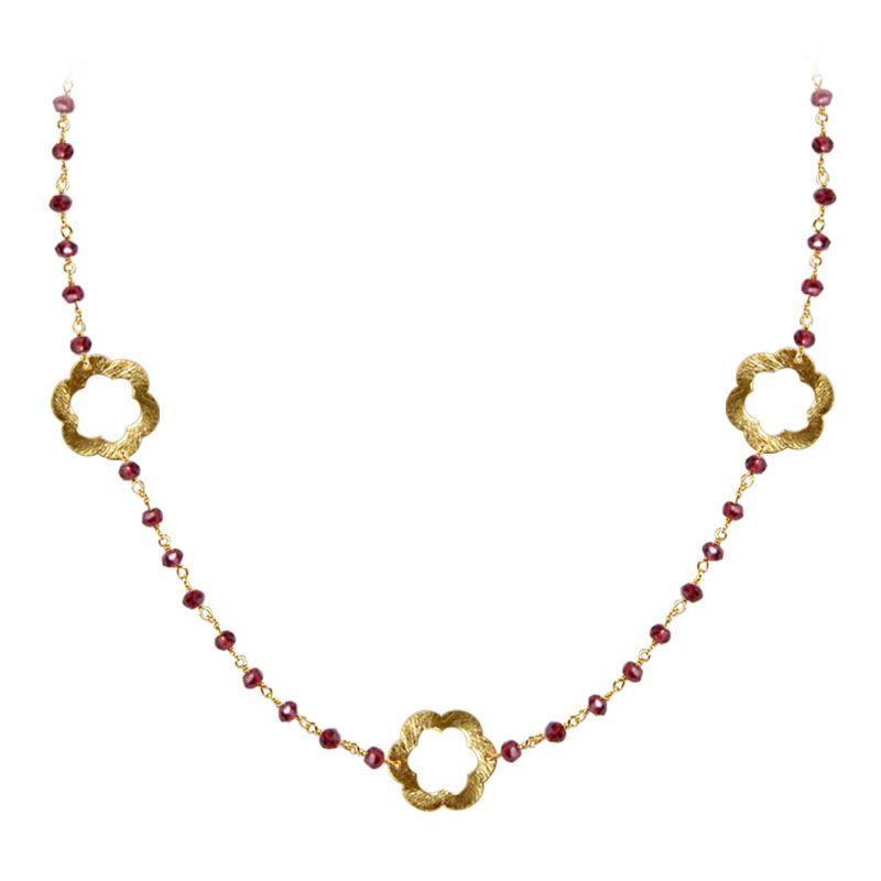 Elegant red garnet beaded necklace with floral motif accents and smooth 18K Gold Overlay Over Copper designed for everyday and festive wear