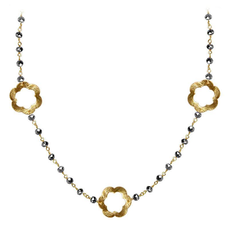 Elegant pyrite beaded necklace with floral motif accents and smooth 18K Gold Overlay Over Copper designed for everyday and festive wear
