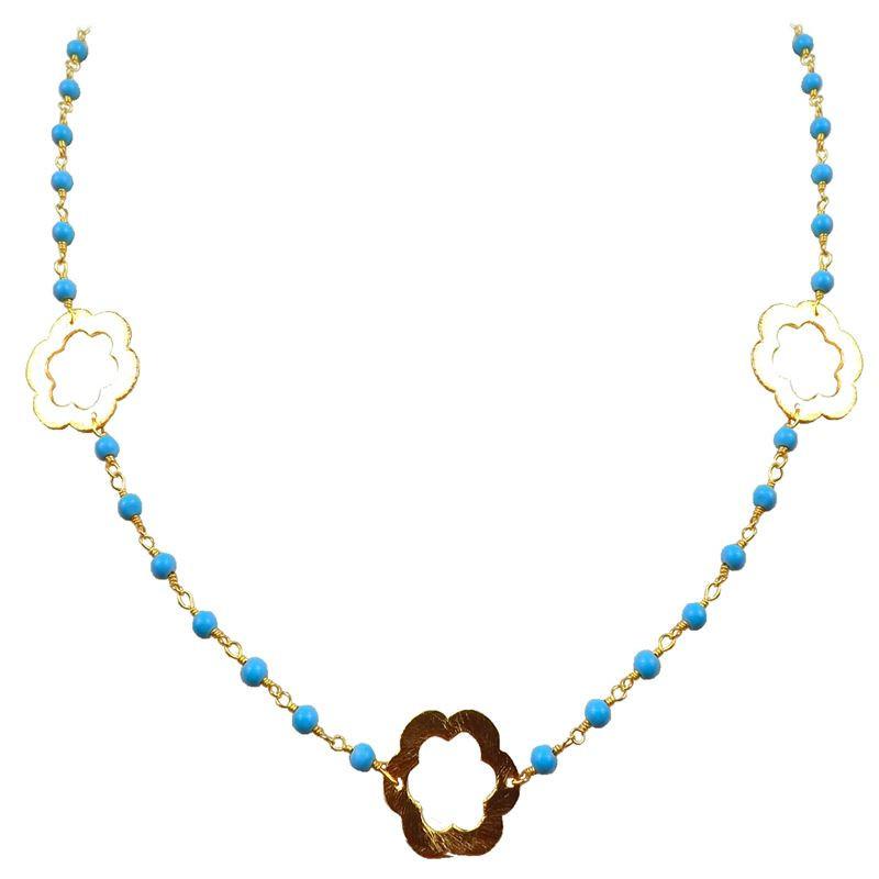 Elegant turquoise shell beaded necklace with floral motif accents and smooth 18K Gold Overlay Over Copper designed for everyday and festive wear