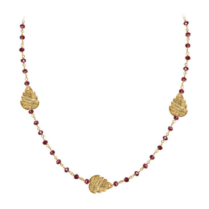 Elegant red garnet beaded necklace with leaf motif accents and smooth 18K Gold Overlay Over Copper designed for everyday and festive wear