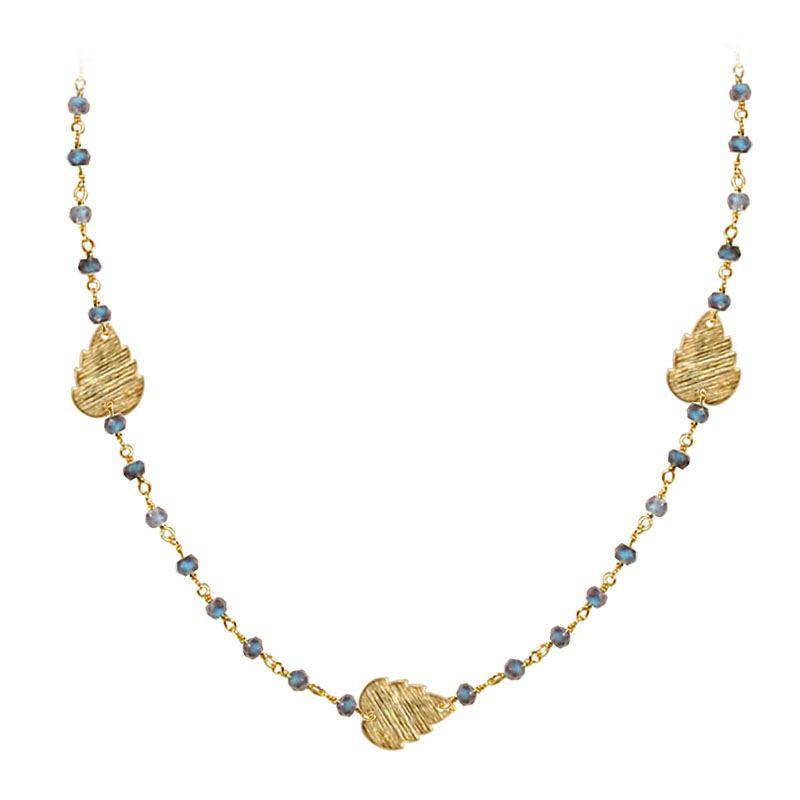 Elegant labradorite beaded necklace with leaf motif accents and smooth 18K Gold Overlay Over Copper designed for everyday and festive wear