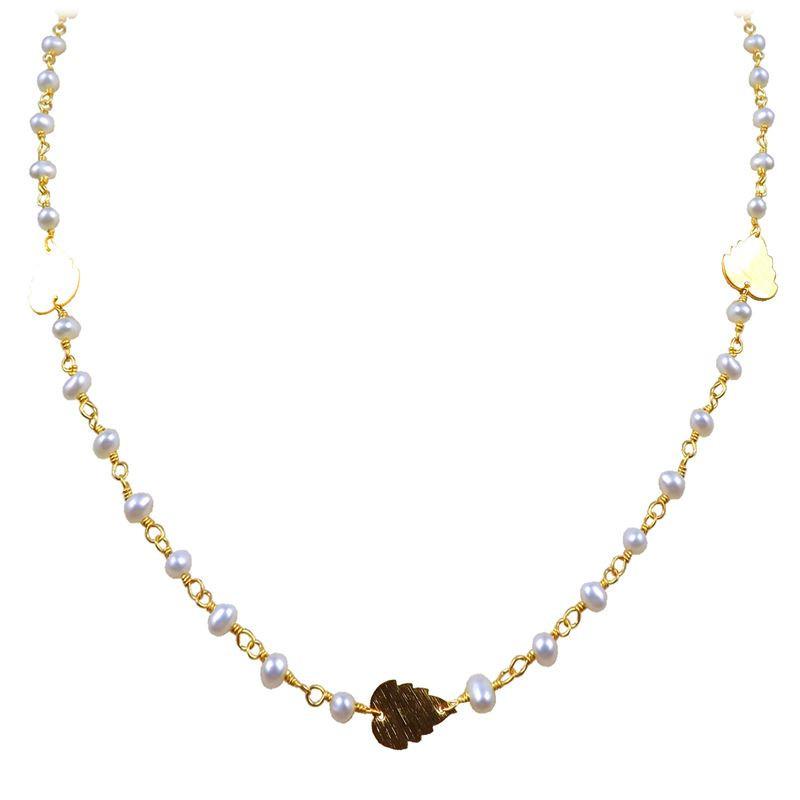 Elegant mabe pearl beaded necklace with leaf motif accents and smooth 18K Gold Overlay Over Copper designed for everyday and festive wear