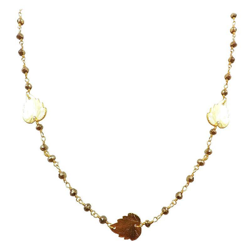 Elegant pyrite beaded necklace with leaf motif accents and smooth 18K Gold Overlay Over Copper designed for everyday and festive wear