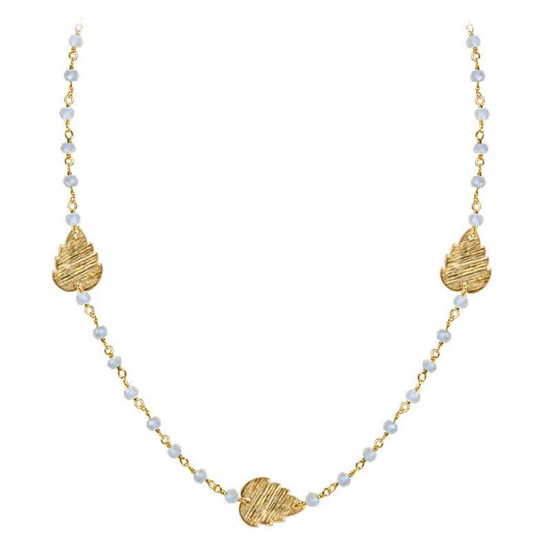 Elegant rainbow moonstone beaded necklace with leaf motif accents and smooth 18K Gold Overlay Over Copper designed for everyday and festive wear