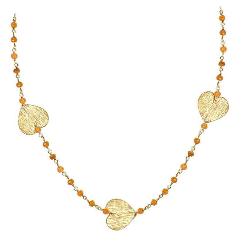 Elegant carnelian beaded necklace with heart motif accents and smooth 18K Gold Overlay Over Copper designed for everyday and festive wear