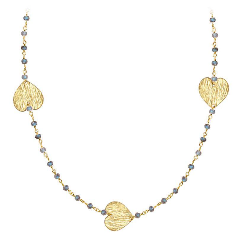 Elegant labradorite beaded necklace with heart motif accents and smooth 18K Gold Overlay Over Copper designed for everyday and festive wear