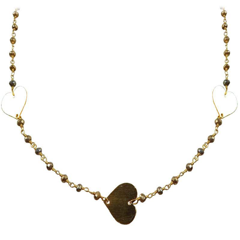 Elegant pyrite beaded necklace with heart motif accents and smooth 18K Gold Overlay Over Copper designed for everyday and festive wear