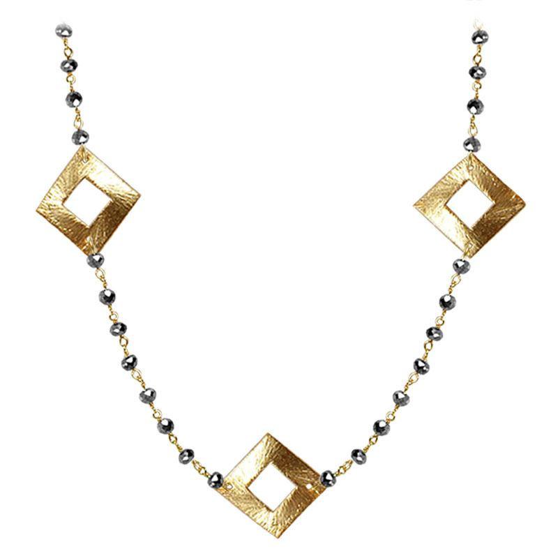 Elegant pyrite beaded necklace with geometric square motif accents and smooth 18K Gold Overlay Over Copper designed for everyday wear