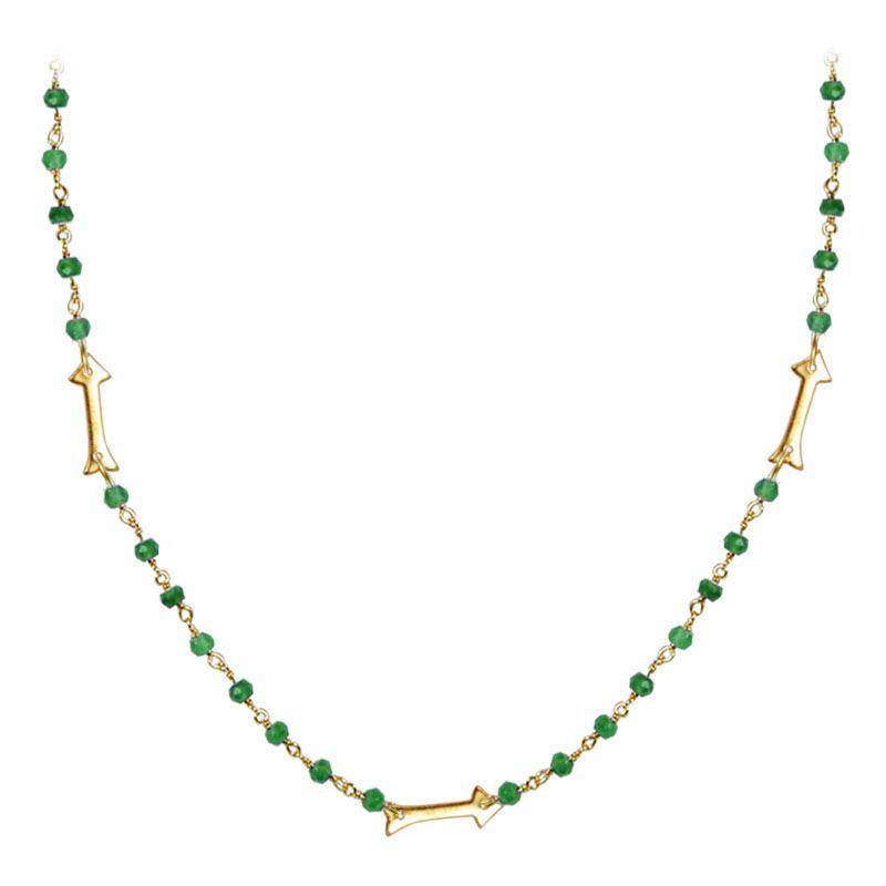 Elegant green onyx beaded necklace with arrow motif accents and smooth 18K Gold Overlay Over Copper designed for everyday and festive wear