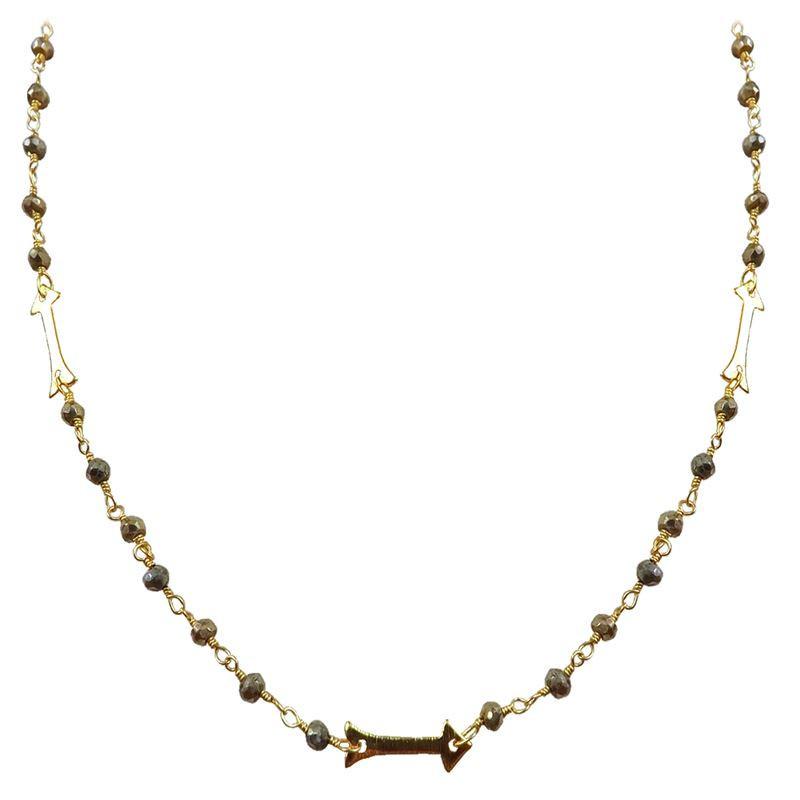 Elegant pyrite beaded necklace with arrow motif accents and smooth 18K Gold Overlay Over Copper designed for everyday and festive wear
