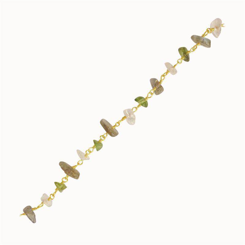 18K Gold Overlay Over Copper multi stone beading extender chain featuring Rainbow Moonstone Labradorite and Peridot Quartz handcrafted in India for elegant jewelry styling