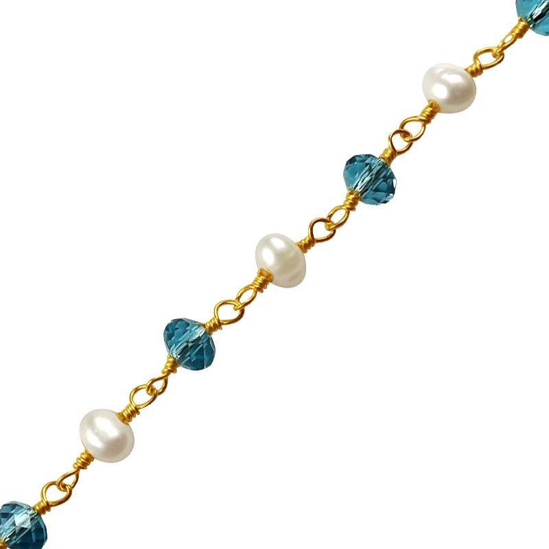 Elegant Beaded Extender Chain Made with 18K Gold Overlay Over Copper Featuring Blue Topaz Quartz and Mabe Pearl Sold Per Foot