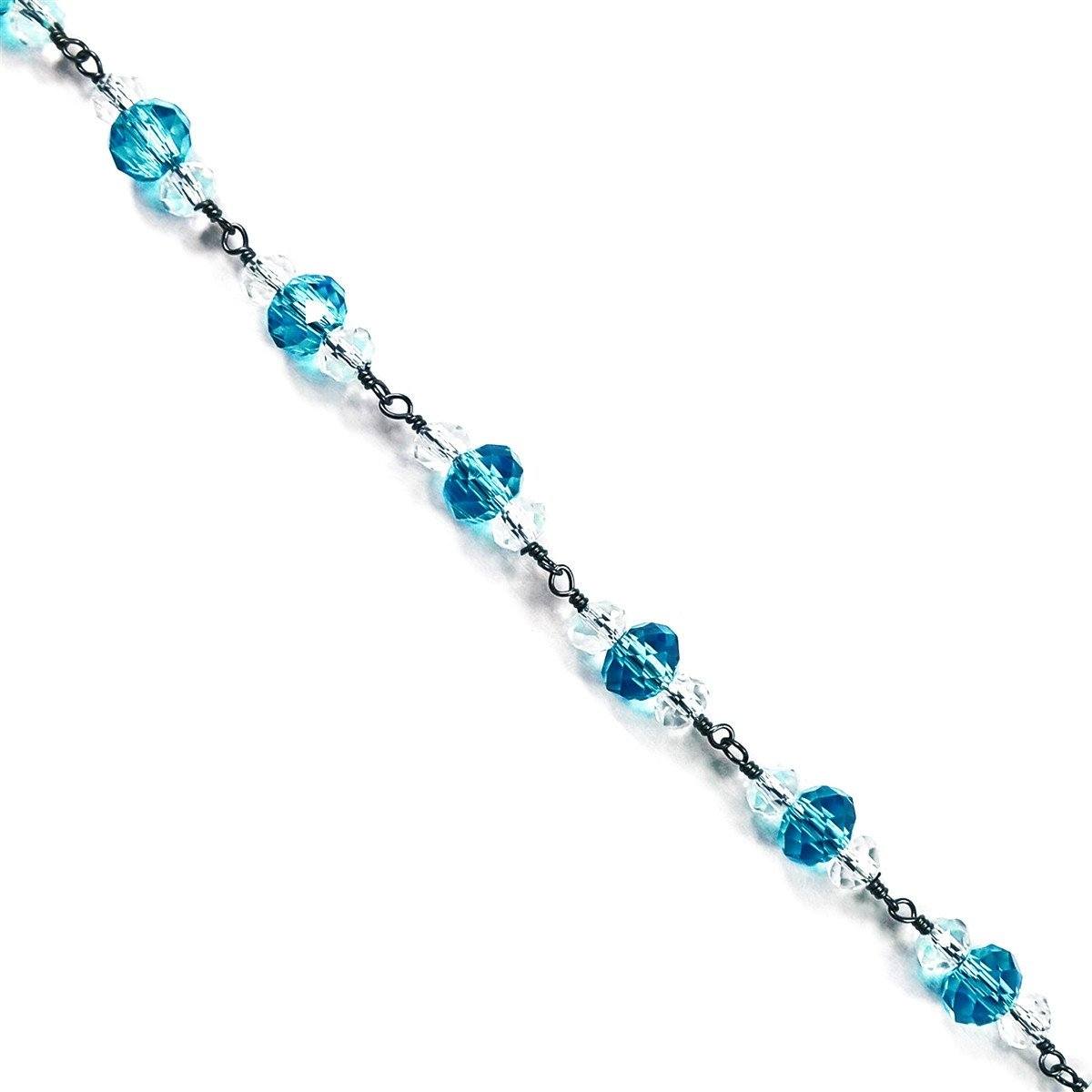 Elegant 18K Gold Overlay Over Copper beaded jewelry chain with Blue Topaz Crystal and clear crystal accents for necklaces and custom jewelry making projects