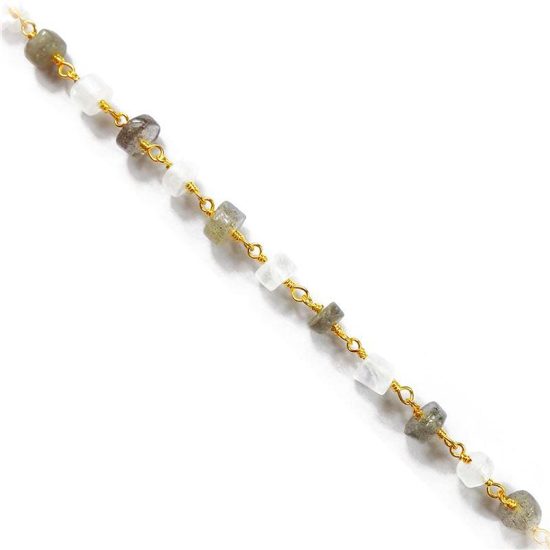 Elegant 18K Gold Overlay Over Copper beaded jewelry chain with Labradorite and Rainbow Moonstone stones for necklaces and custom jewelry making projects
