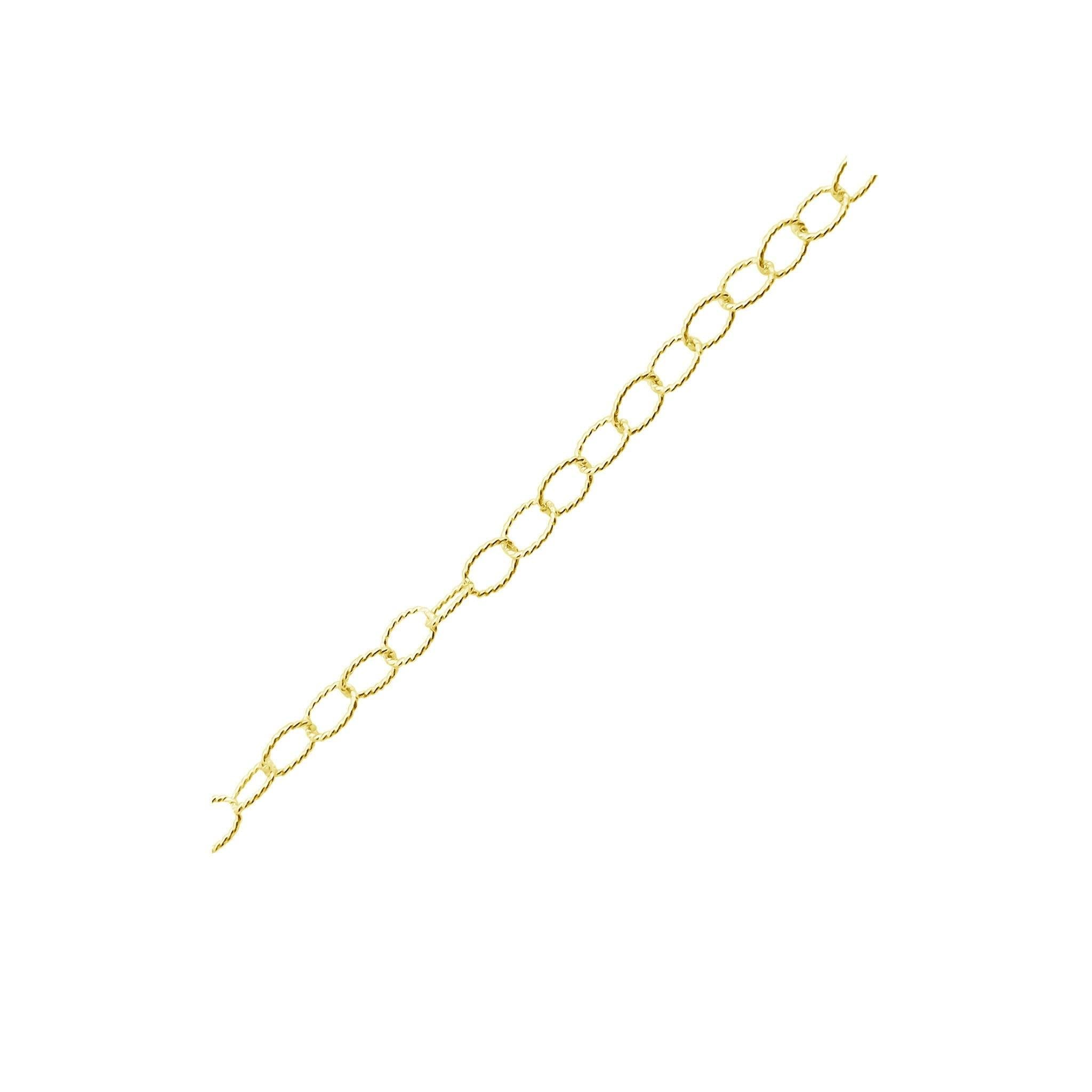 Textured oval link chain made with 18K Gold Overlay Over Copper featuring smooth polished 4MM links, twisted detailing, and flexible length sold per foot for custom jewelry projects