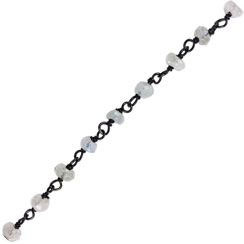 Oval link chain made with Rhodium Overlay Over Copper featuring Rainbow Moonstone bead accents, smooth polished dark finish, and flexible length sold per foot for custom jewelry styling