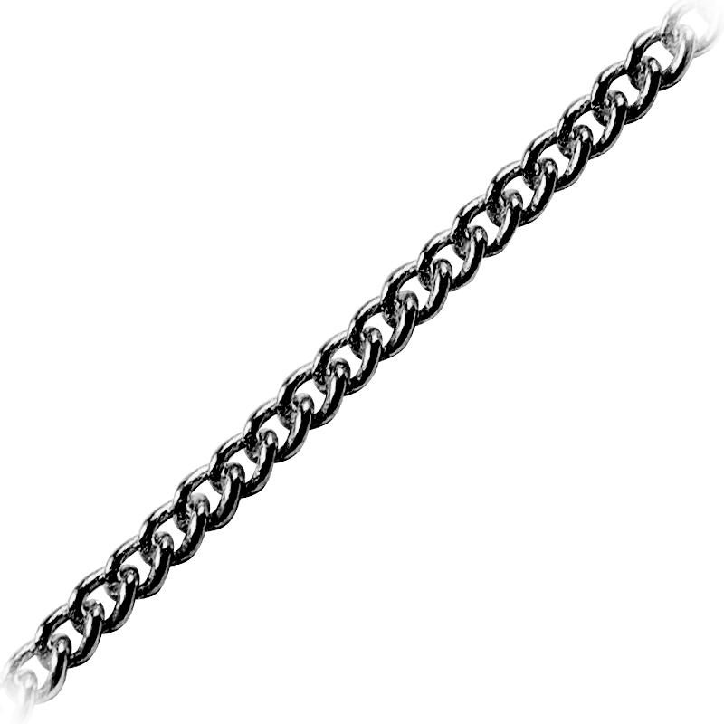 Curb link chain made with Black Rhodium Overlay Over Copper featuring smooth polished dark flattened links and flexible length sold per foot for modern custom jewelry styling