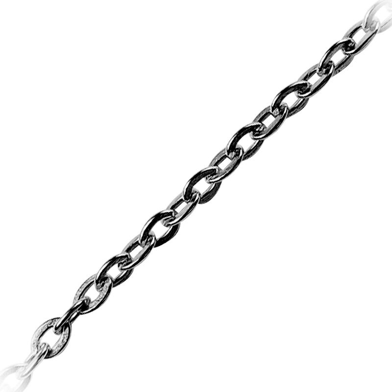 Fine oval link chain made with Black Rhodium Overlay Over Copper featuring smooth polished dark slender links and flexible length sold per foot for minimal custom jewelry styling