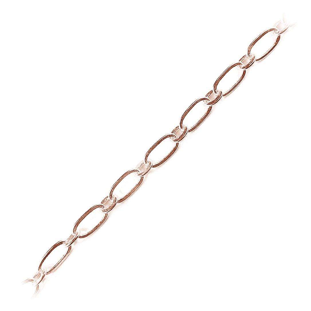 Rose Gold Overlay elongated link chain with slim profile, ideal for delicate necklaces and bracelets, sold per foot for handmade jewelry projects.