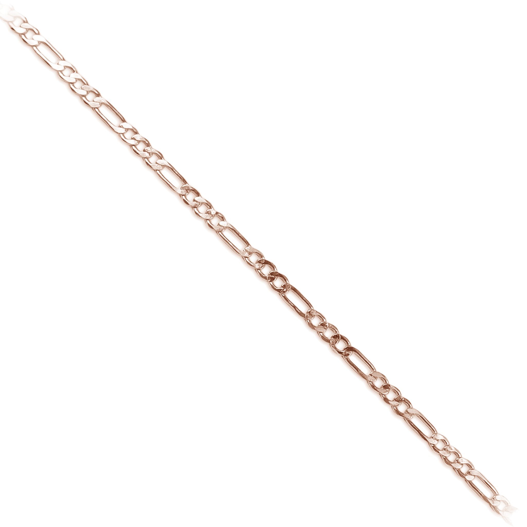 Rose gold overlay over copper figaro beading chain with polished finish and elongated oval links displayed on white background for retail jewelry use