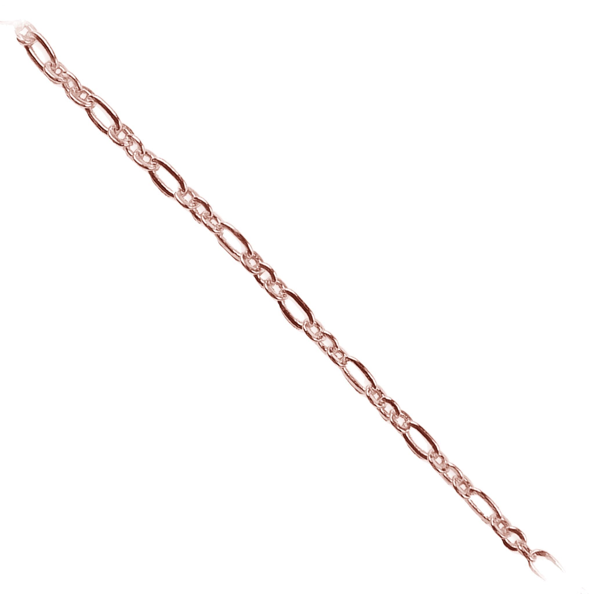Rose gold overlay over copper figaro beading chain with polished finish and elegant elongated links displayed on white background for retail jewelry use