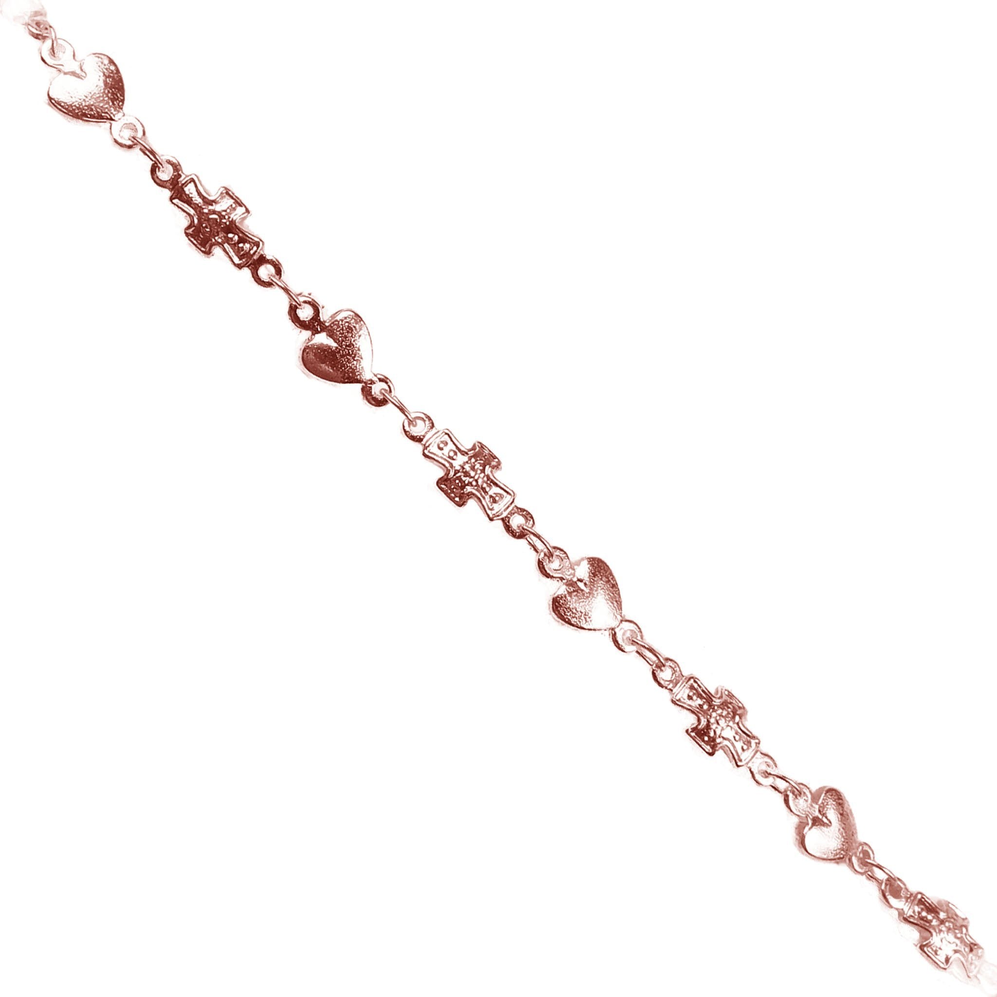 Rose gold overlay over copper heart and cross link chain with polished finish and symbolic motifs displayed on white background for retail jewelry use