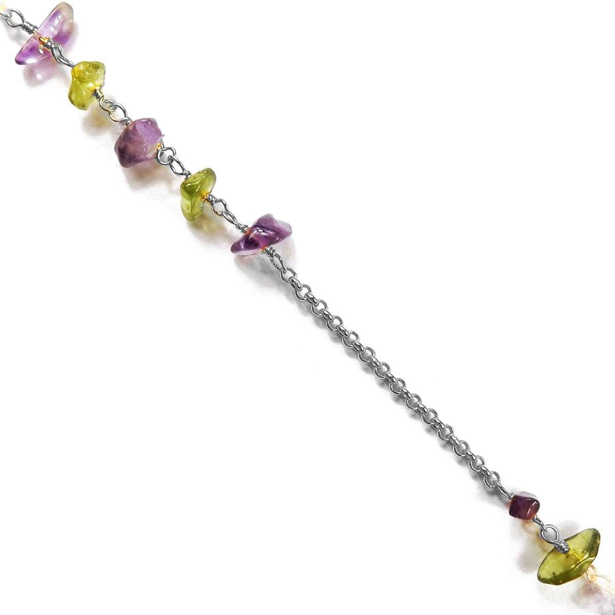 Elegant natural chip beaded beading and extender chain crafted with silver overlay over copper featuring amethyst quartz and peridot quartz accents