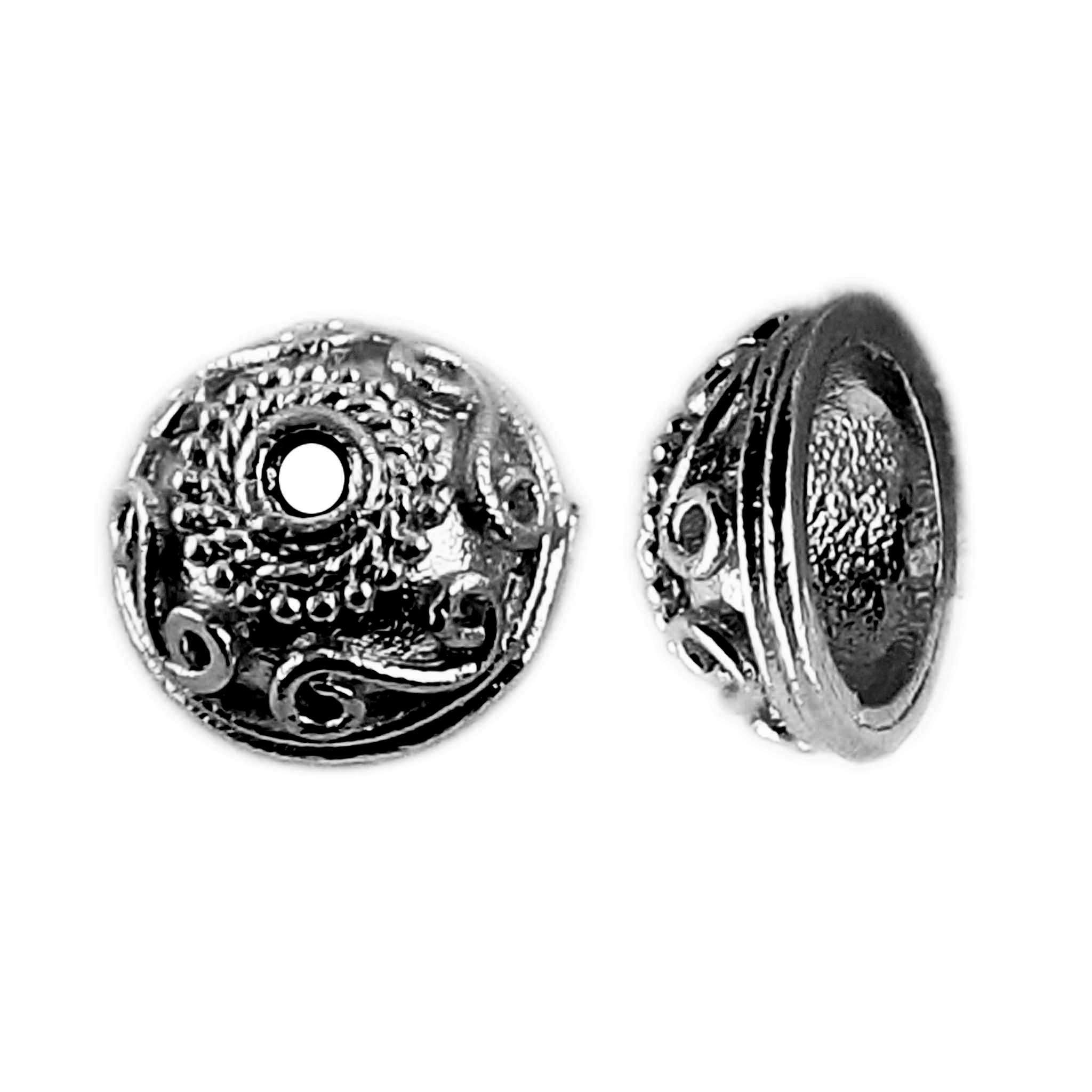 Black Rhodium Overlay Over Copper designer ornate scroll bead cap handcrafted in India with textured dome finish