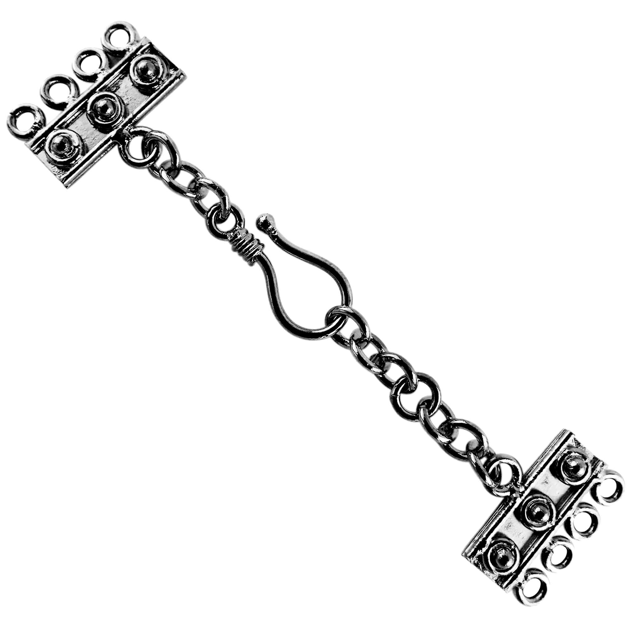 Decorative Black Rhodium Overlay Over Copper handcrafted 4-strand hook clasp from India with chain and multi-hole end bars for DIY jewelry