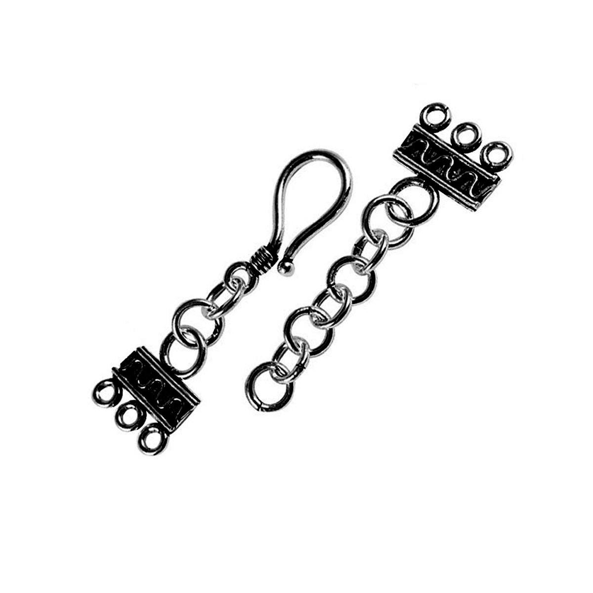 Decorative Black Rhodium Overlay Over Copper handcrafted 3-strand hook clasp from India with chain and 3-hole end bars for DIY jewelry