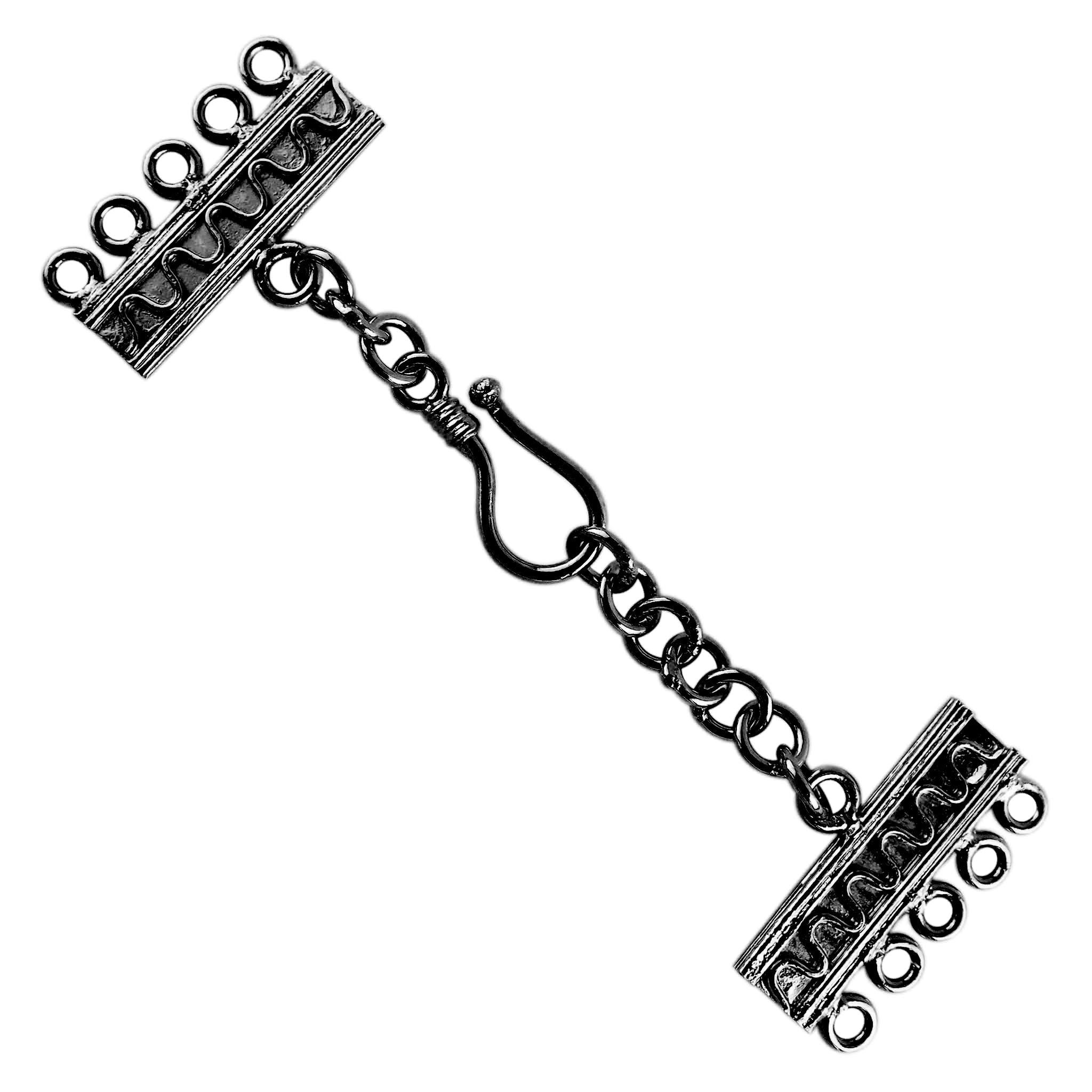 Decorative Black Rhodium Overlay Over Copper handcrafted 5-strand hook clasp from India with chain and 5-hole end bars for DIY jewelry
