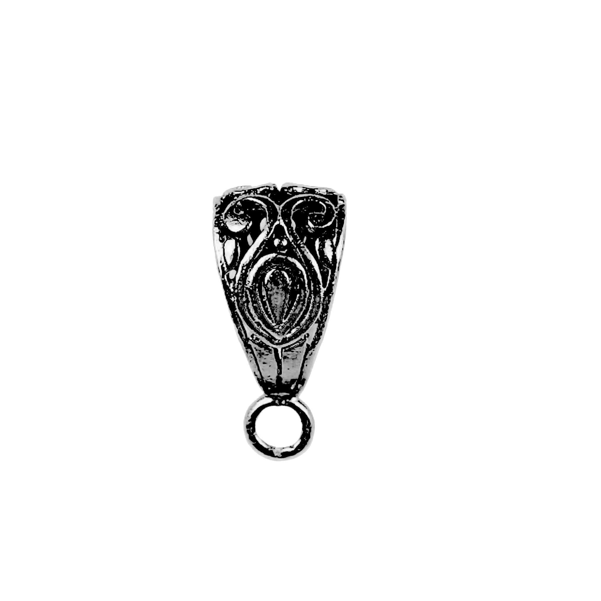 Ornate black rhodium filigree pendant bail for necklaces, handcrafted copper jewelry accessory with vintage scroll details.