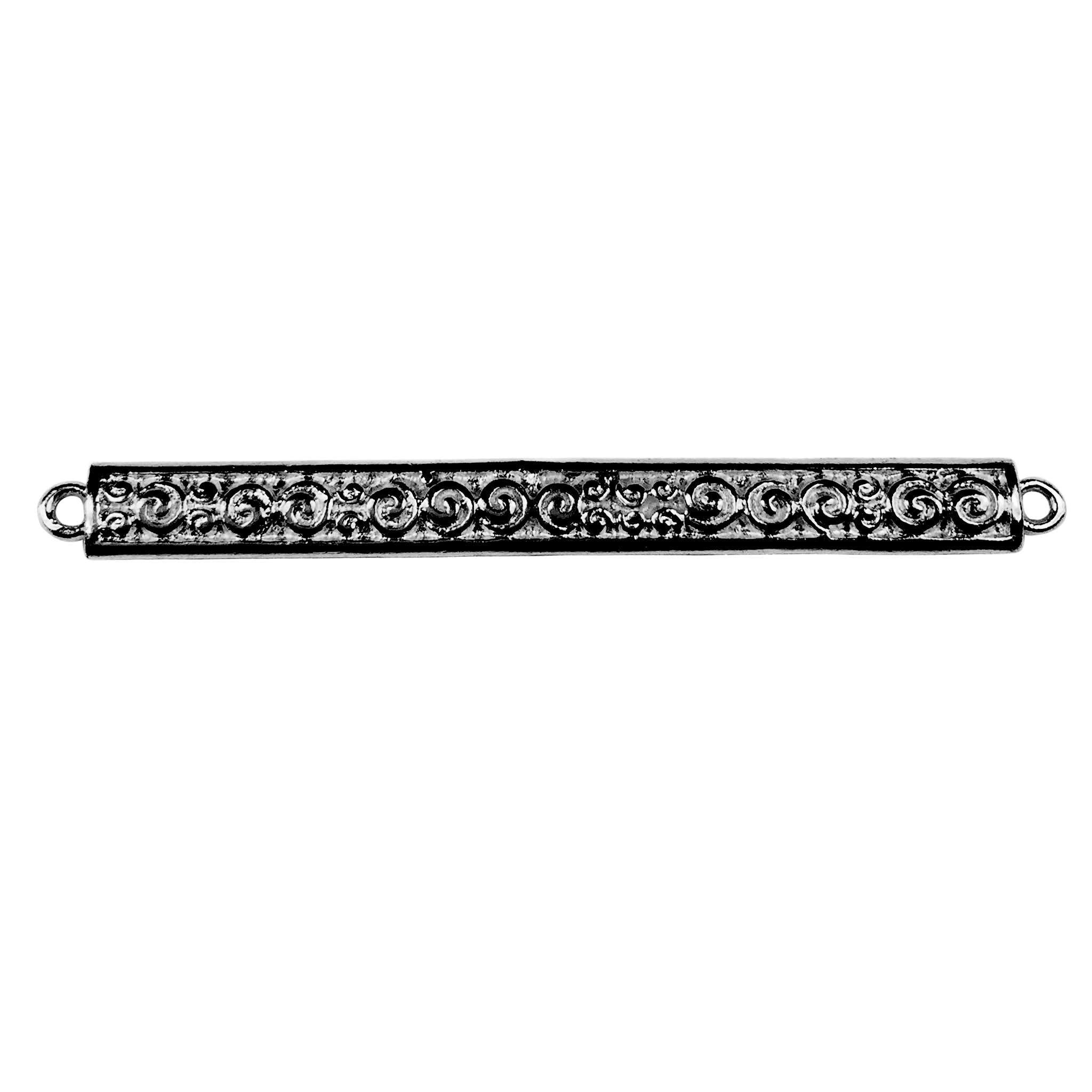 Elegant black rhodium filigree bar link with ornate scroll details, handcrafted copper jewelry connector for DIY necklaces.
