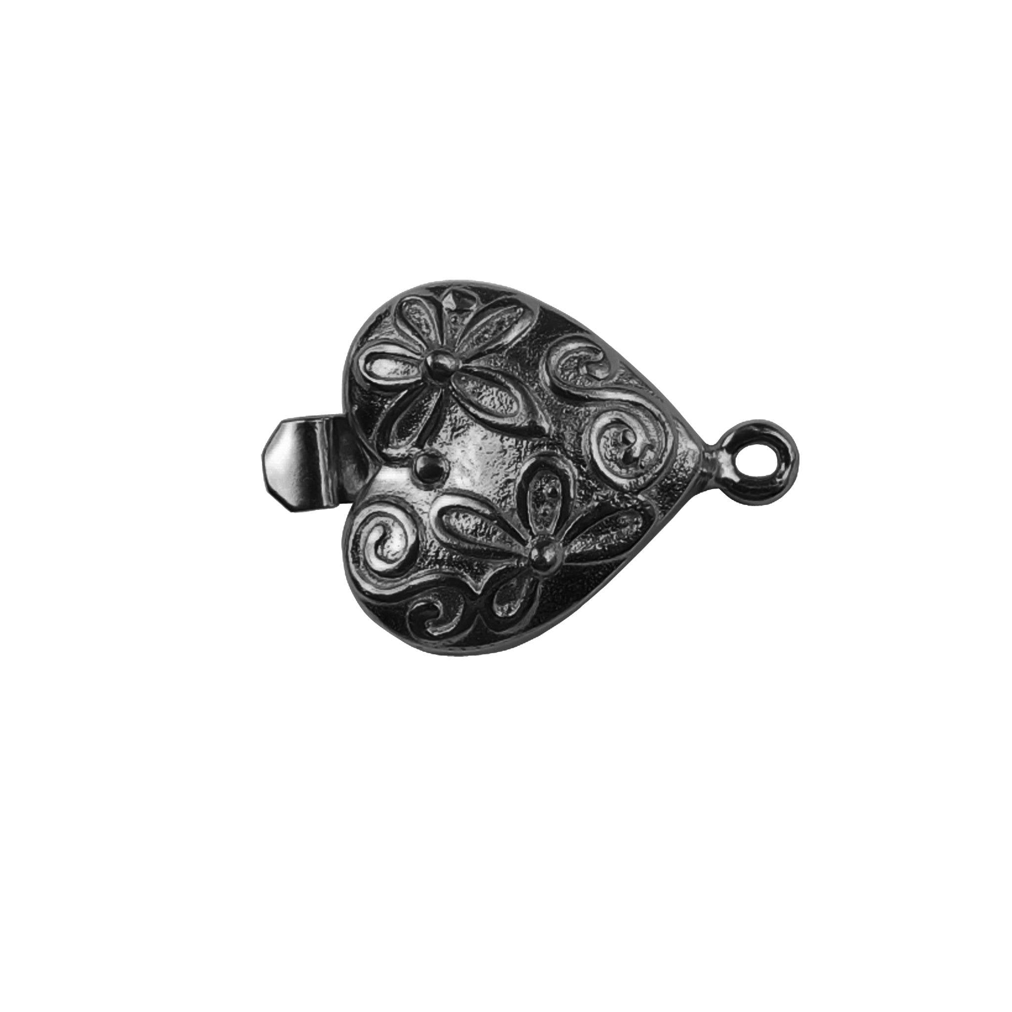 Black Rhodium Overlay Over Copper heart shape filigree single hole multi strand clasp handcrafted in India for necklaces and bracelets