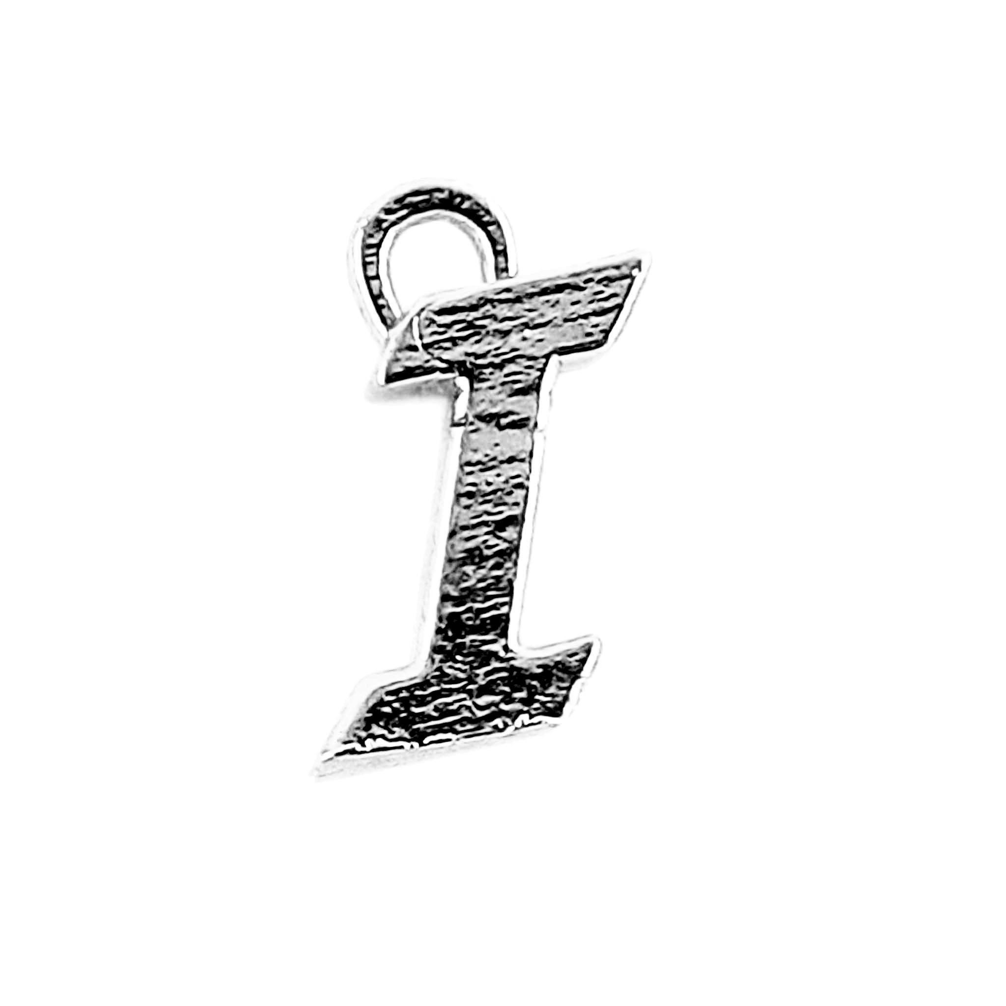 Black rhodium overlay over copper alphabet I initial pendant handcrafted in India with dark textured finish