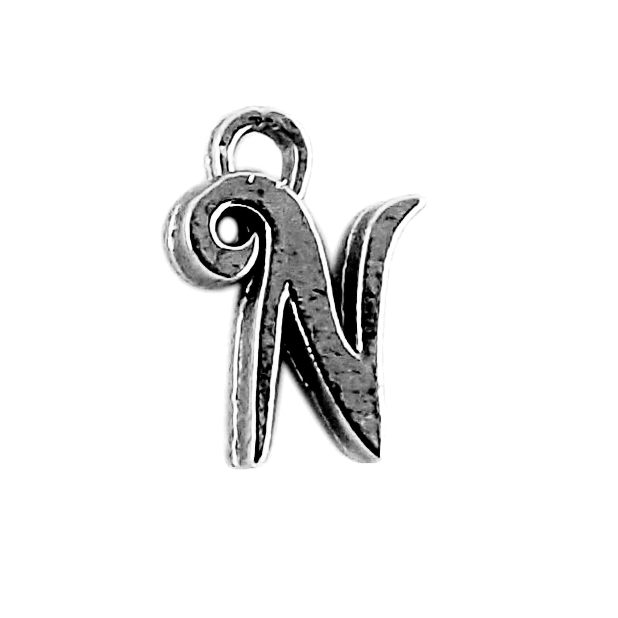 Alphabet N initial pendant crafted with Black Rhodium Overlay Over Copper, handcrafted in India with dark textured finish